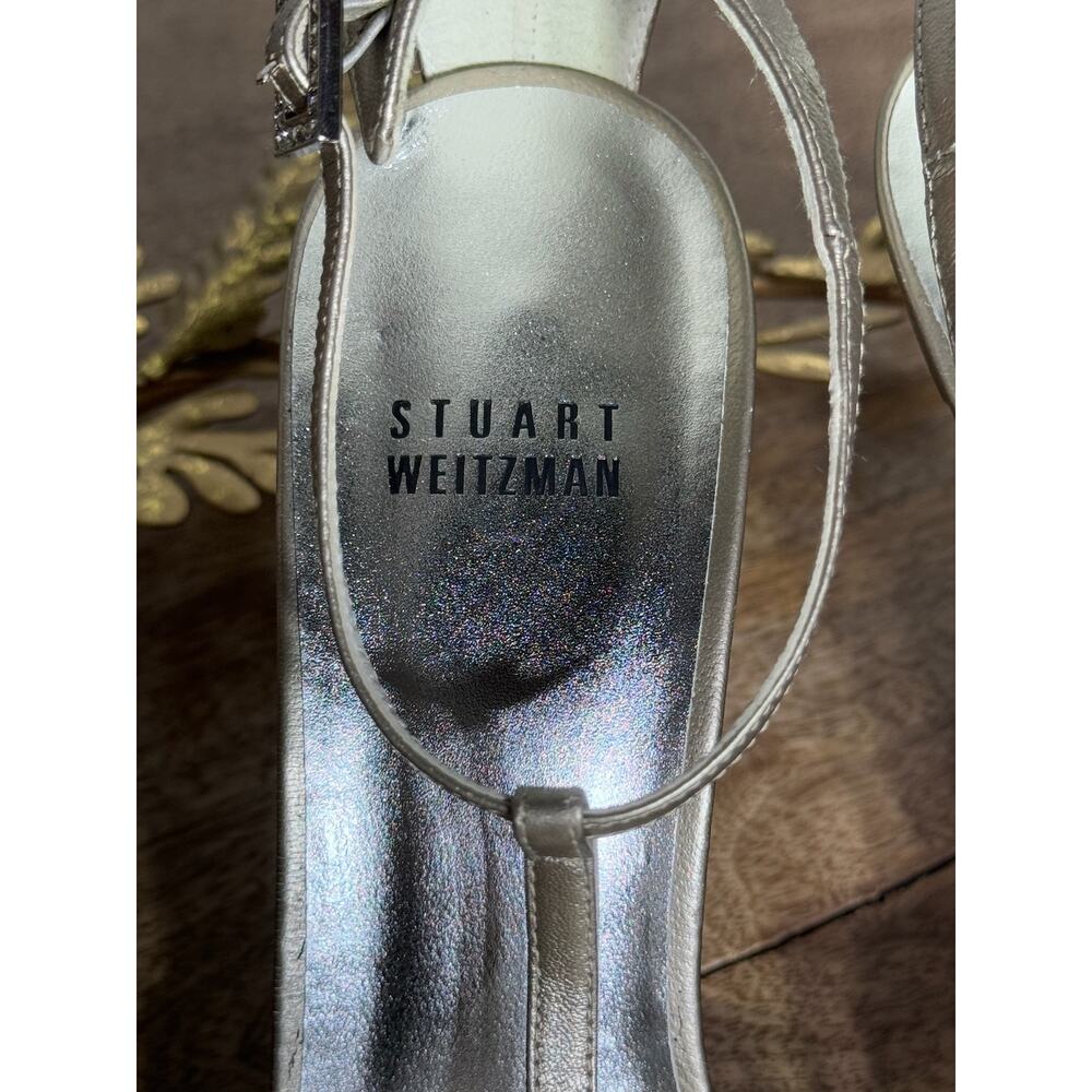 Stuart Weitzman Metallic Gold Peep Toe Heels with Rhinestone Buckle - Size 6.5 - Picture 5 of 16